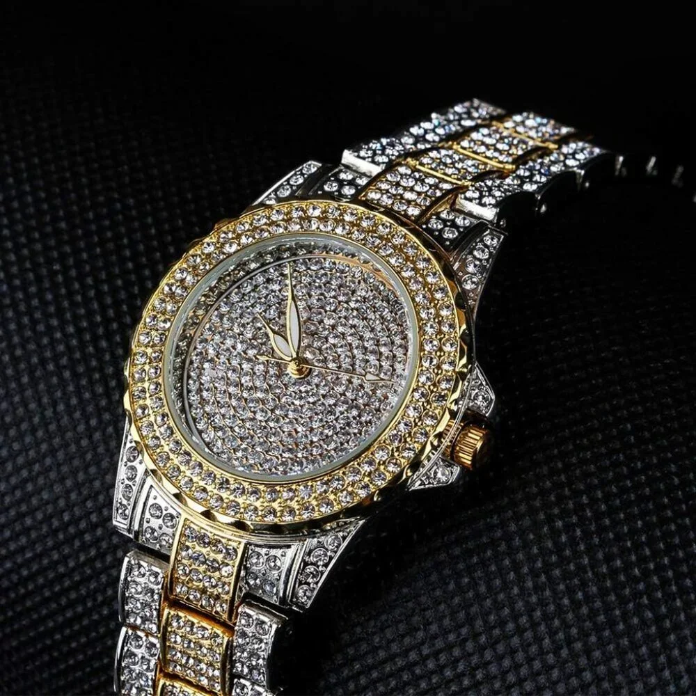 Women's Mix Gold Crystal Rhinestone Diamond Stainless Steel Iced Out Wristwatch